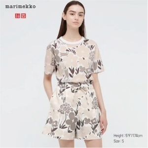 Marimekko and Uniqlo collab cream and brown floral tee and shorts coord set NWT